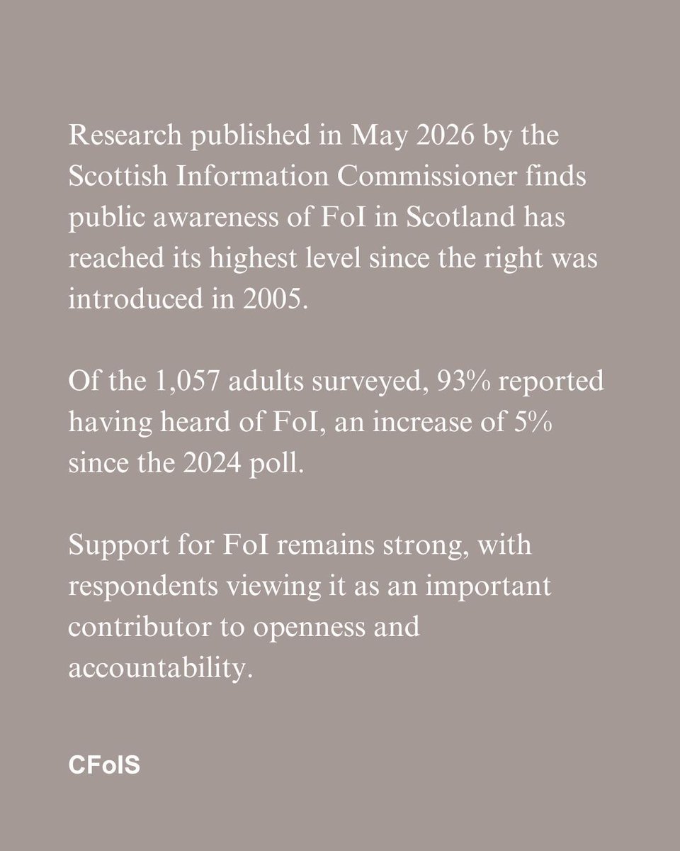 CFoIScot's tweet photo. Great news! Freedom of Information awareness in Scotland is at its highest ever.

Read the full report from the Scottish Information Commissioner here: https://t.co/l3Y0fq2JOM 

#freedomofinformation #accesstoinformation #humanrights #scotland #foi (1/2) https://t.co/LOyYLCsM1Z