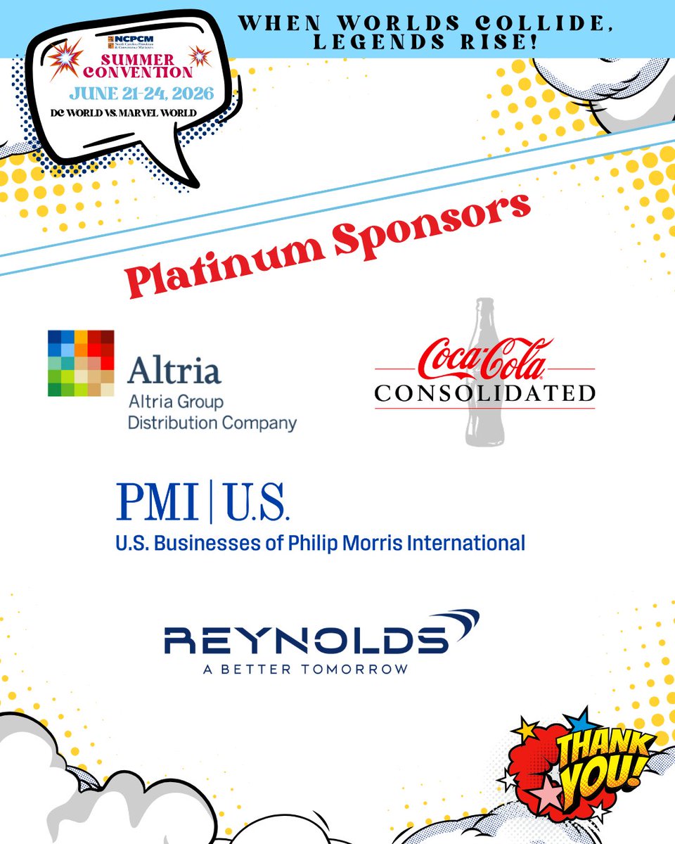 NCPCM's tweet photo. 🌟🦸‍♂️ Power. Partnership. Platinum Level Support. 🦸‍♀️🌟 Thanks to our 2026 NCPCM Summer Convention Platinum Sponsors for making "When Worlds Collide, Legends Rise!" possible! 💥 #NCPCM2026 #WhenWorldsCollide #LegendsRise #NCPCM #PlatinumSponsors #ThankYouSponsors https://t.co/WiHqtHQd0j