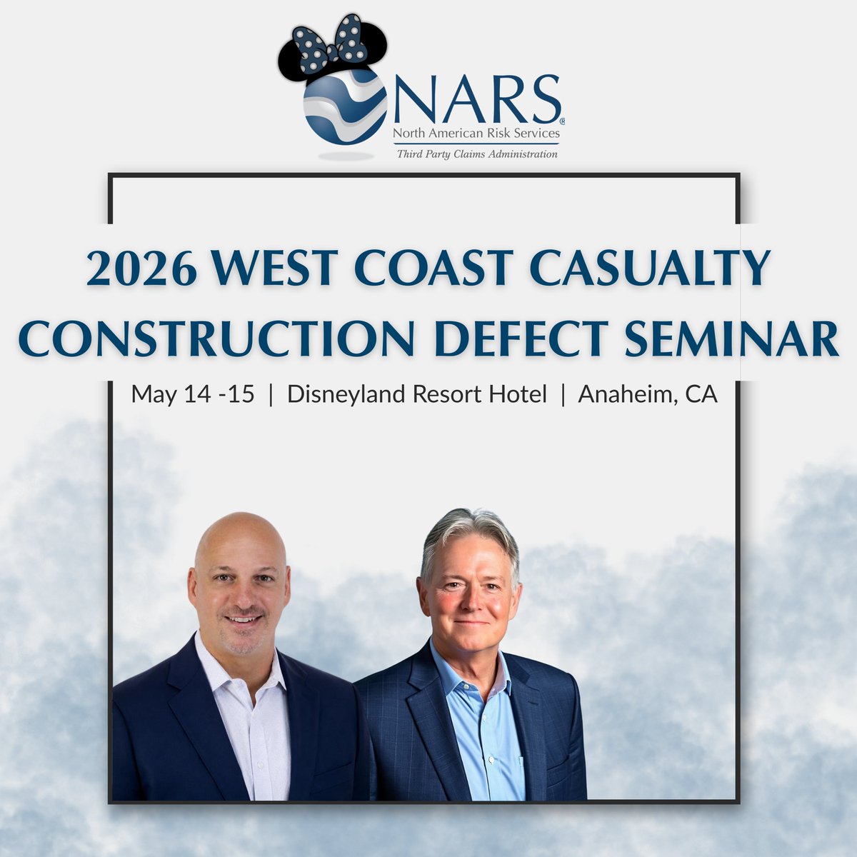 narisk_services's tweet photo. Tomorrow, Jamie, Executive Chief Relationship Officer, and Robert, President &amp; CEO, will be representing NARS at the 2026 West Coast Casualty Construction Defect Seminar in Anaheim. Looking forward to a great few days of industry conversations, connections, and collaboration. https://t.co/gmNZjNWuly