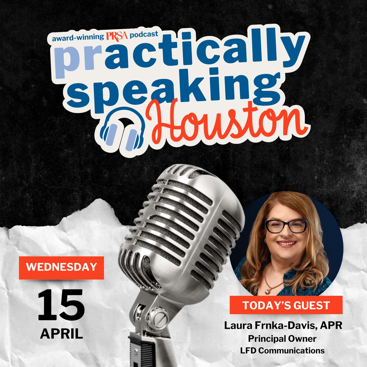PRSAHouston's tweet photo. Welcome Laura Frnka-Davis, APR, to PRactically Speaking Houston – the official podcast of the PRSA Houston Chapter.

Listen to her podcast episode on our YouTube channel. PRactically Speaking Houston is brought to you by Veronica V. Sopher, Public Relations. https://t.co/oXNoQwCkRh