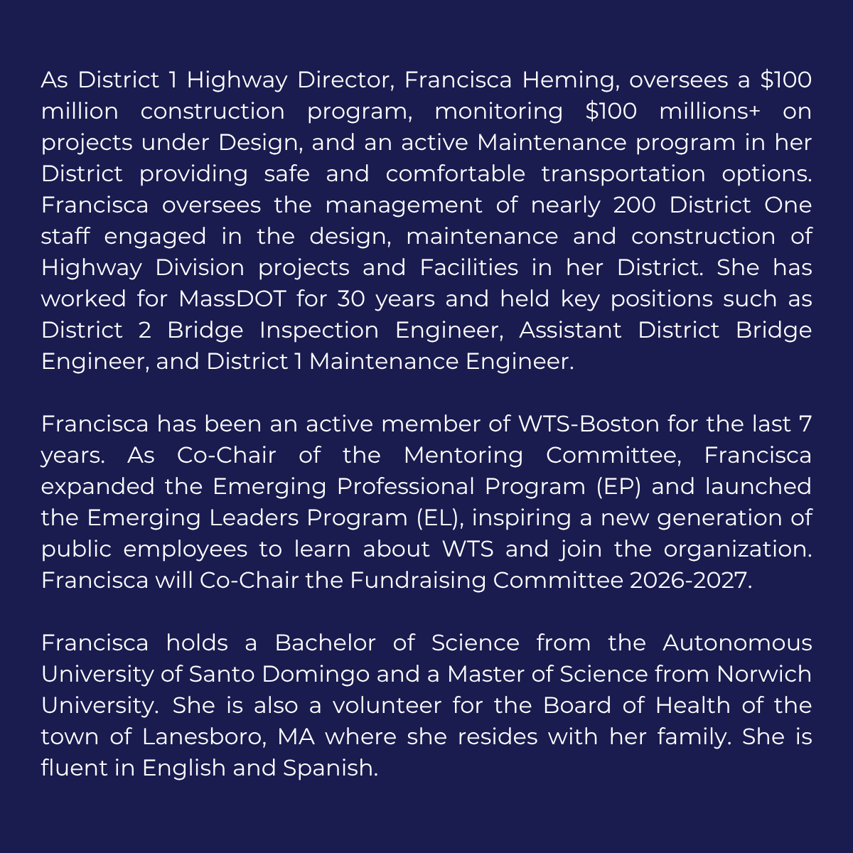 WTS_Boston's tweet photo. WTS-Boston is proud to announce that Francisca Heming, District 1 Highway Director, has been selected as the recipient of the 2026 Member of the Year Award! Francisca will receive recognition of this prestigious award at the WTS-Boston 2026 Annual Scholarships &amp; Awards Banquet https://t.co/EpC1fXnAOu