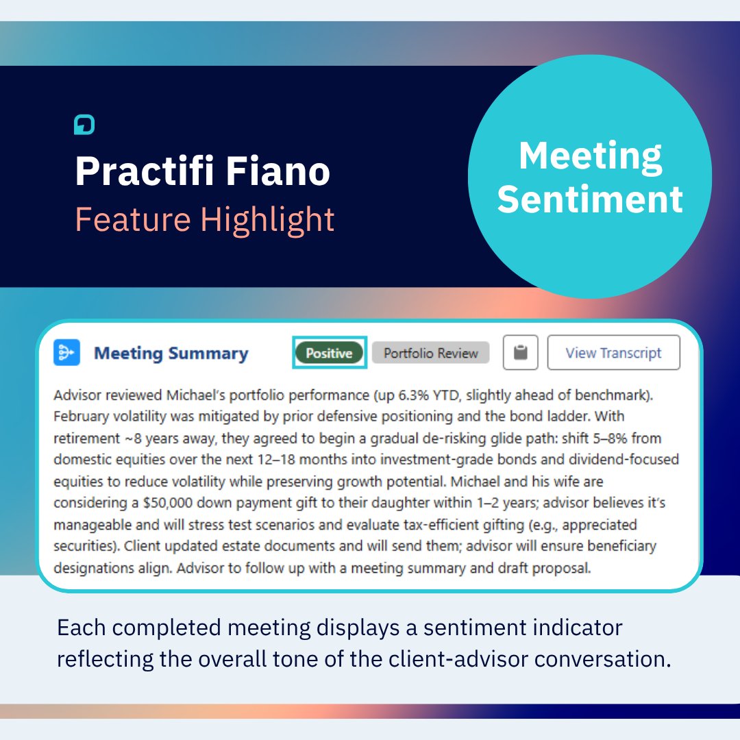 Practifi's tweet photo. Transcription is table stakes. Practifi goes further. 

Meeting Sentiment. Topic Classification. Summaries in Smart Notes. One-click copy. 

Every client meeting is now structured, searchable, and actionable data. 

Learn more → https://t.co/f8AkcVD7Ks 

#WealthTech #CRM #AI https://t.co/EB3AWuAn7y