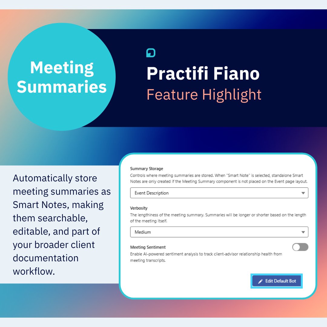 Practifi's tweet photo. Transcription is table stakes. Practifi goes further. 

Meeting Sentiment. Topic Classification. Summaries in Smart Notes. One-click copy. 

Every client meeting is now structured, searchable, and actionable data. 

Learn more → https://t.co/f8AkcVD7Ks 

#WealthTech #CRM #AI https://t.co/EB3AWuAn7y