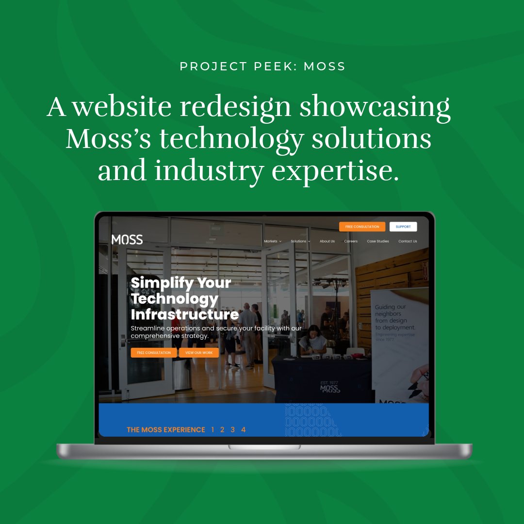 CorpConversions's tweet photo. Project Peek: Moss
 
We recently redesigned the Moss website to better reflect the depth of their technology solutions and the industries they serve.

Clearer structure, stronger messaging, and a site that matches the important work they do. #WebsiteDesign @MOSSTelecom https://t.co/4iqUKLdOZq