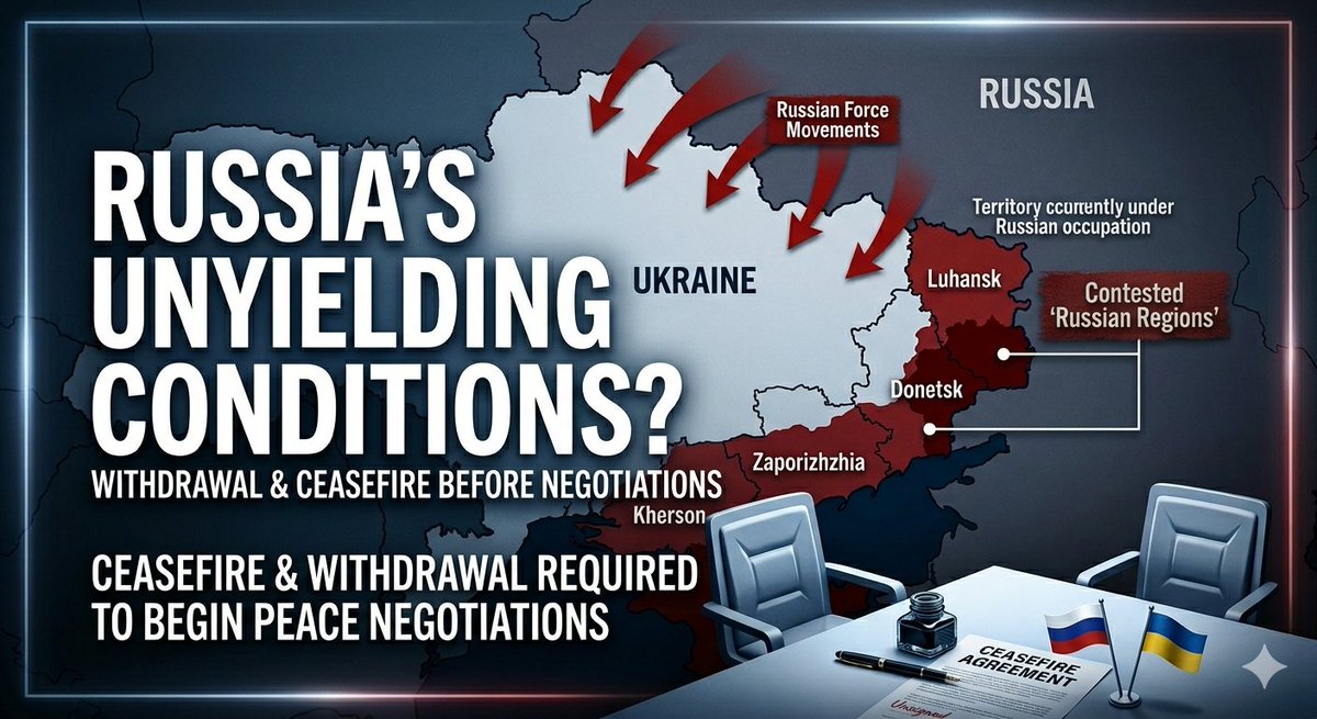 RahulVantage's tweet photo. Russia's latest peace condition: Ukraine must leave the contested regions first. 
Is this a 'Peace Proposal' or a 'Demand for Surrender'? 
Can there be a middle ground, or has the era of dialogue completely failed? 

Let’s discuss. 

#RussiaUkraineWar #Geopolitics https://t.co/wEqG6e1HTx