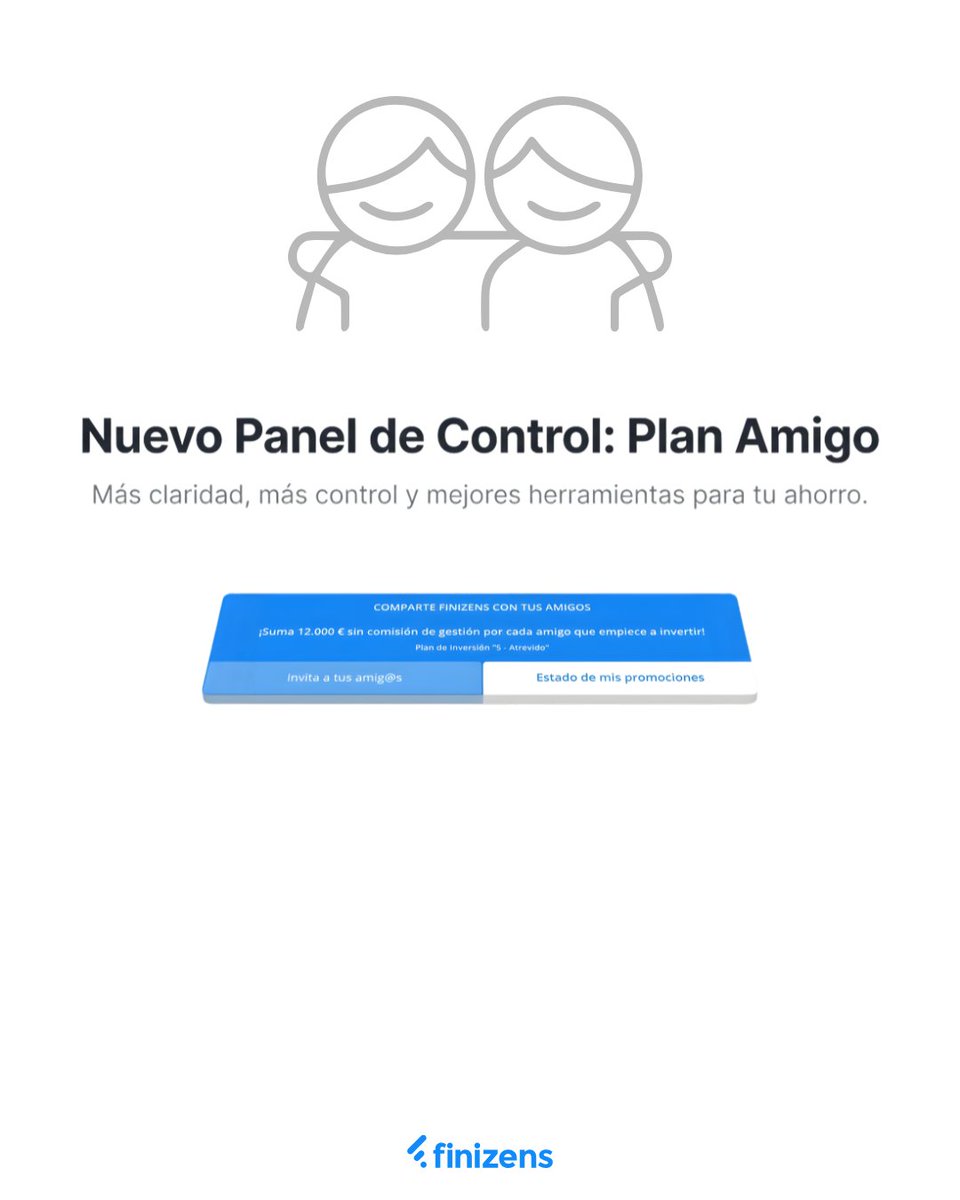 finizens's tweet photo. ¡Nuevo panel del Plan Amigo! 🚀

Ahora es más fácil que nunca ahorrar en comisiones (y hacerlo a lo grande):

• ✅ Todo claro y a la vista.
• ✅ Invierte sin comisión de gestión de por vida
• ✅ Promociones ilimitadas y acumulables
• ✅ Invita en un clic

Empieza a convertir invitaciones en ahorro real.