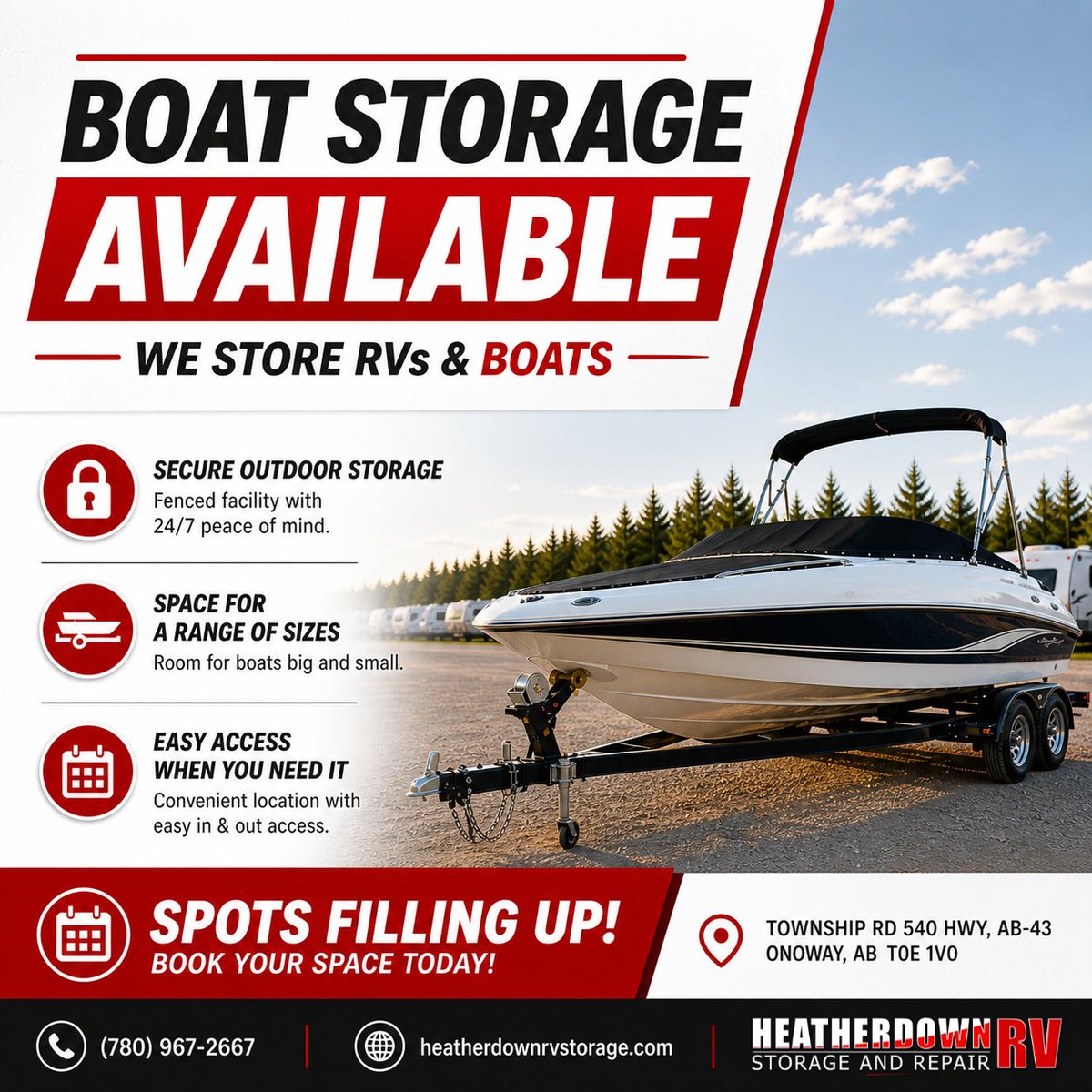 HeatherdownRV's tweet photo. Got a boat?

We’ve got space for it 🚤

Secure, easy-access storage near Onoway.

📍 Township Rd 540 HWY, AB-43, Onoway, AB T0E 1V0
📞 (780) 967-2667
🌐 https://t.co/AXqnmiIajD https://t.co/9obeNurdvE