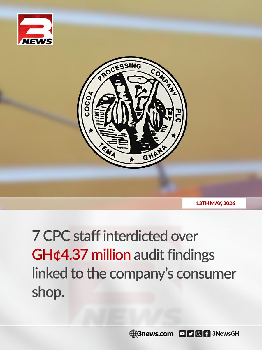 tv3_ghana's tweet photo. Seven staff members of the Cocoa Processing Company (CPC) have been interdicted following a special audit by the Ghana Audit Service, which cited GH¢4,373,355.04 as outstanding and unaccounted for in relation to the operations of the CPC Consumer Cooperative Shop. 

The affected employees include union chairmen, accounts officers, managers, and the shopkeeper.

#3NewsGH #TV3GH