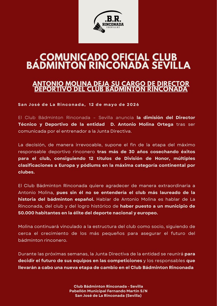 Rinconadabadmin's tweet photo. 📣 Comunicado oficial del Club Bádminton Rinconada - Sevilla

#VamosAlTurrón🏸 https://t.co/r6P8Pd5ms6