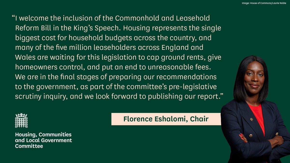 HoCcommitteesUK's tweet photo. Chair of the Housing, Communities and Local Government Committee, @FloEshalomi  has responded to the commitment outlined in the King’s Speech to reform the leasehold system and to cap ground rents. 

Find out more ⬇️ 
https://t.co/E1hagBQsK9 https://t.co/zrQN3Ase9a