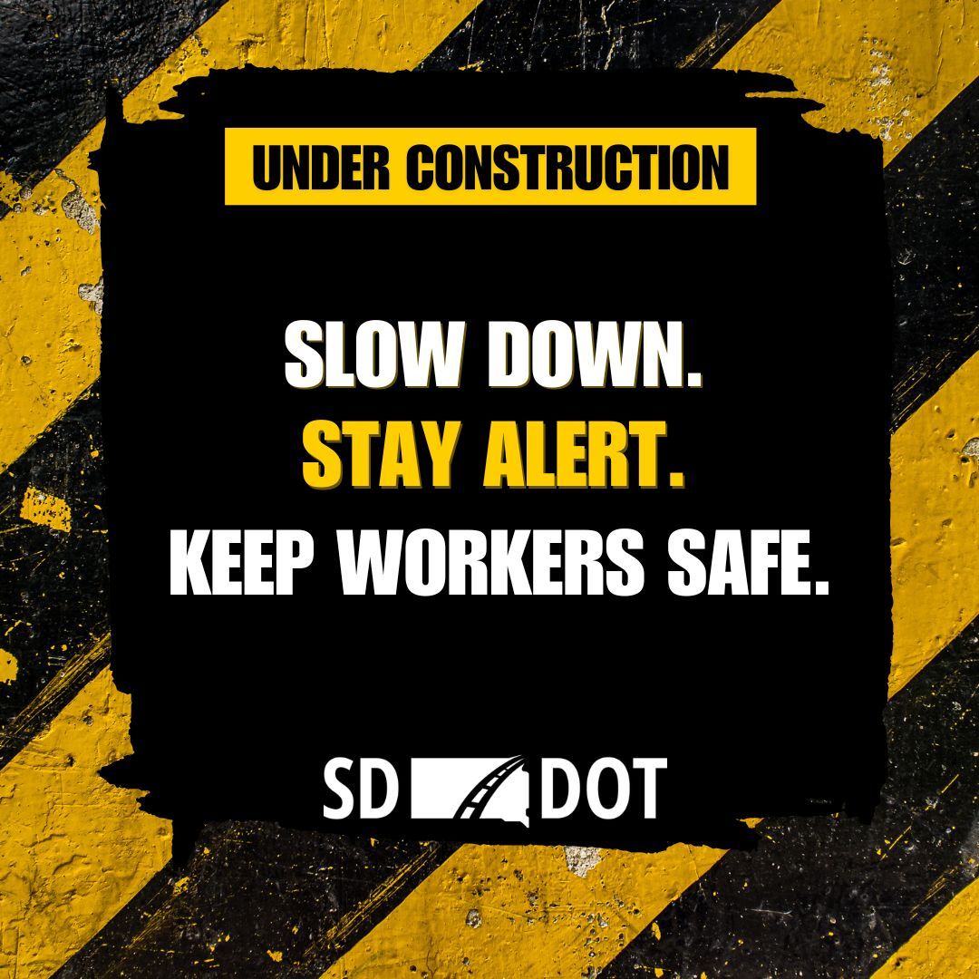 SouthDakotaDOT's tweet photo. Construction season means work zones with shifting lanes, reduced speeds, and changing traffic patterns designed to protect workers and drivers. 

Slow Down. Stay Alert. Keep Workers Safe. Give Crews an “Extra Minute”! 

#SDDOT  #SD511 #GiveUsAMinute https://t.co/8PyD2tsuQa
