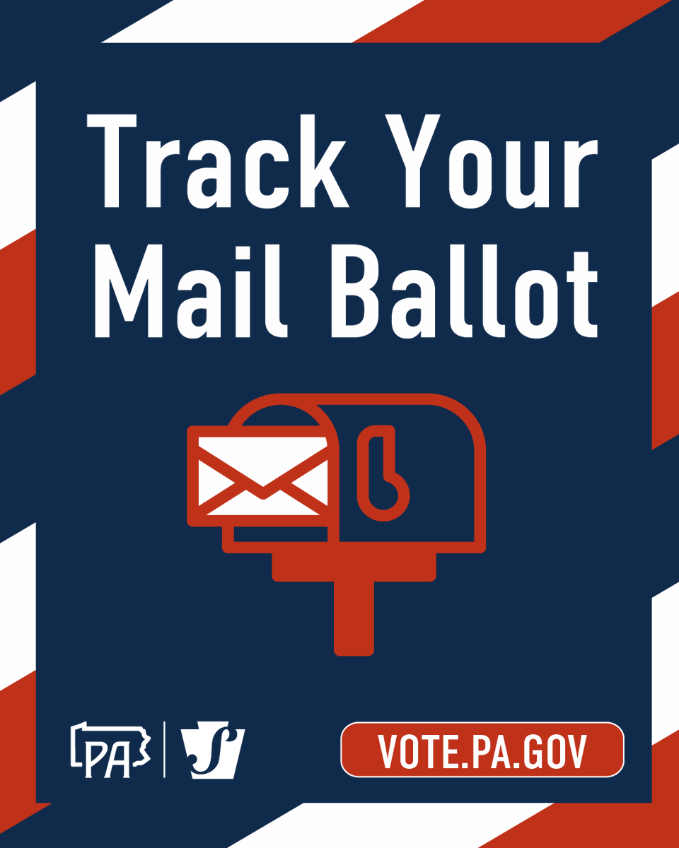 PAStateDept's tweet photo. If you applied for a mail ballot, you can track the status of your mail ballot’s progress online at https://t.co/i0nxkQAGQG

Reminder: Mail ballots must be RECEIVED by your county elections office by 8 p.m. Election Day. A postmark by that time is not sufficient.  Find a drop-off location: https://t.co/rVliBAgBaA