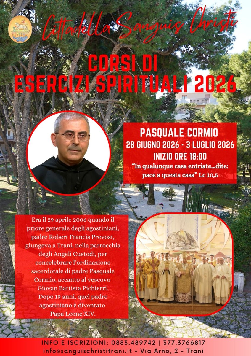 arcidiocesi's tweet photo. A Trani i corsi di Esercizi Spirituali 2026 alla Cittadella “Sanguis Christi” Dal 28 giugno al 3 luglio 2026  Per informazioni e iscrizioni sono disponibili i numeri 0883.489742 e 377.3766817 oppure l’indirizzo email info@sanguischristitrani.it. https://t.co/822cUpDWVv