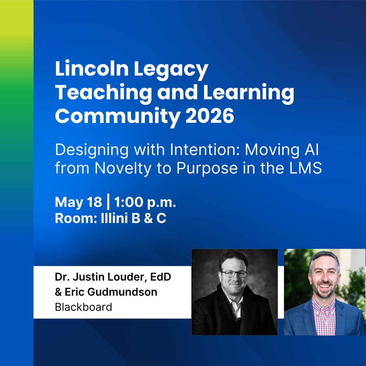Blackboard's tweet photo. AI in the LMS has officially moved past the “wow, that’s cool” phase. Now comes the important part: using AI with intention.

Join us at the LLTLC 2026 Conference, where Dr. Justin Louder and Eric Gudmundson will explore where AI meaningfully fits within the learning experience and how thoughtful integration can support student thinking, scaffold learning, and align with course goals.

Session: Designing with Intention: Moving AI from Novelty to Purpose in the LMS
📍 Illini B & C
📅 Monday, May 18 | 1:00 p.m. – 1:50 p.m.

See you in Urbana.
