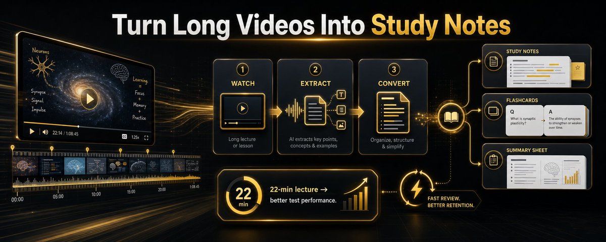 vantungama's tweet photo. watching a long video is easy.

turning it into usable notes is the real bottleneck.

and it matters: note-taking during a 22-min stats video improved test performance. similar gains showed up in 16-min programming and 23-min technical videos.

simple workflow:
1. watch with intent
2. capture key ideas, definitions, steps
3. convert into questions or flashcards
4. review notes, not the whole video

that’s how 1 lecture becomes study notes, revision prompts, and fast summaries.

want a faster video-to-notes system? Please leave a comment.