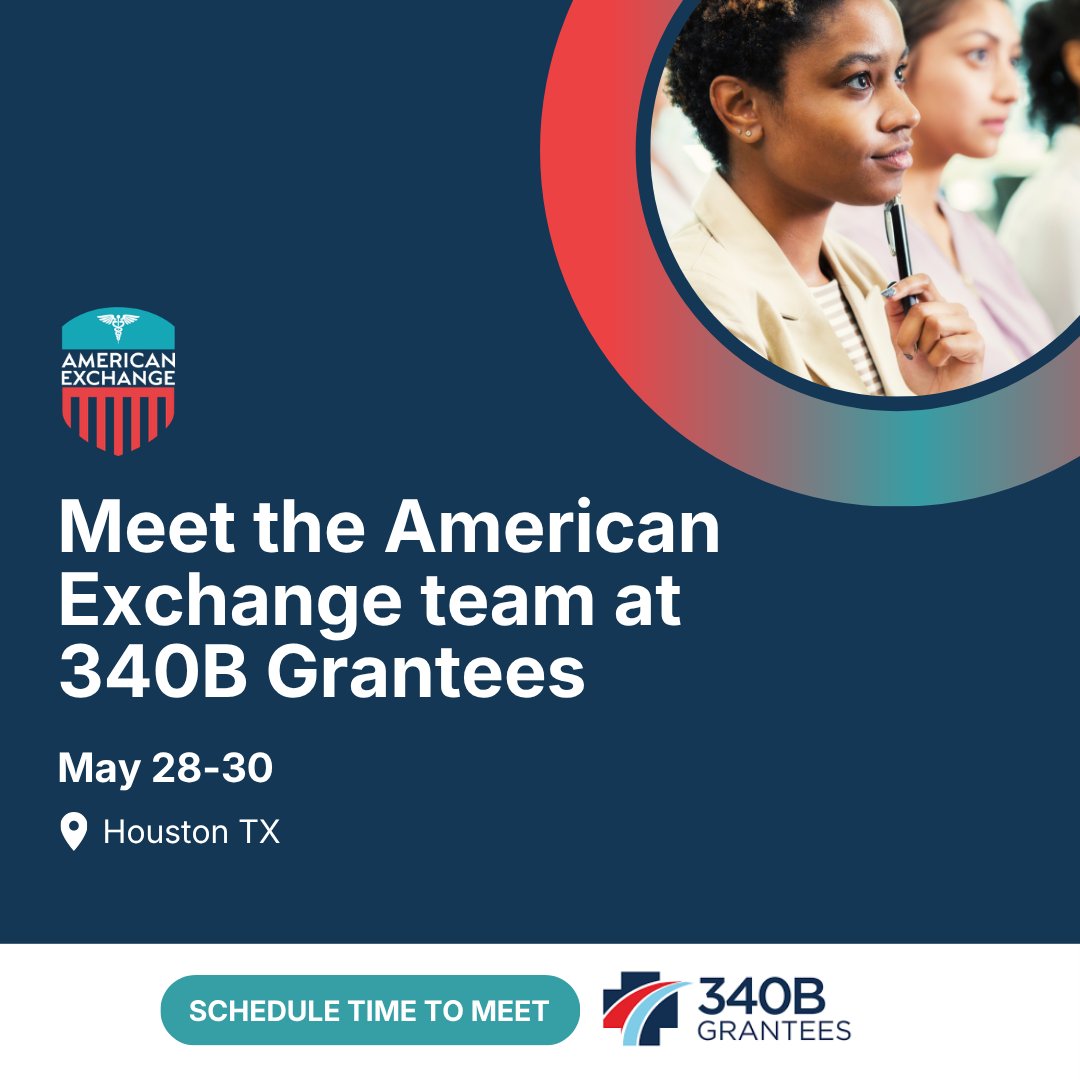 Am_Exchange's tweet photo. Heading to Houston? American Exchange is proud to attend 340B Grantees as an exhibitor, benefactor, and speaker. Whether you’re exploring PIAP, scaling a program, or closing coverage gaps, we’d love to connect. 

Schedule time: https://t.co/frhBGWnvRN https://t.co/NNe0CMms5U