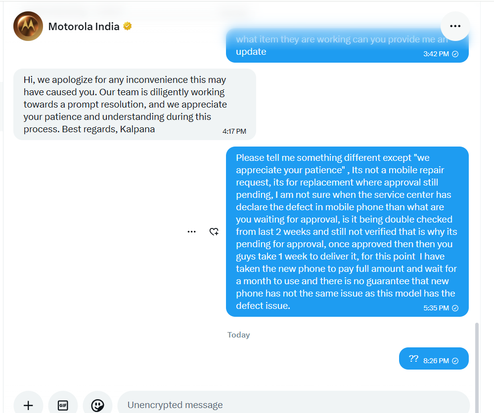 mail2sony20104's tweet photo. @motorolaindia They are not even replying in Personal DM as well, very pathetic services @motorolaindia https://t.co/iNy8Nz37zK