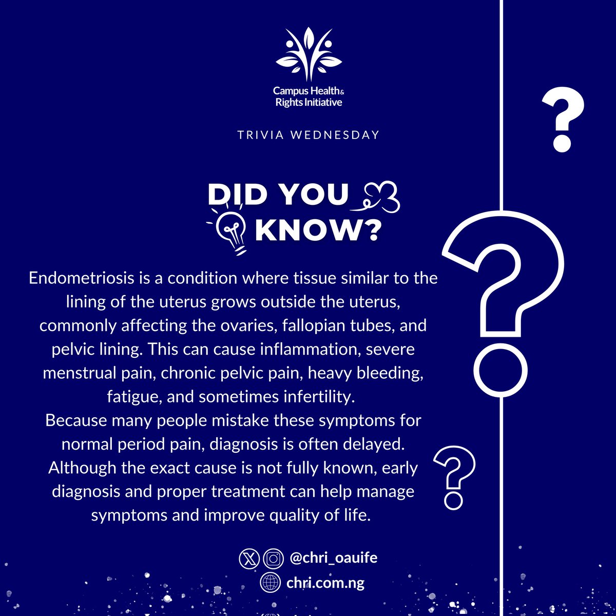 Chri_oauife's tweet photo. Do you know that endometriosis occurs when tissue similar to the uterine lining grows outside the uterus, causing inflammation and pain?
Awareness can lead to earlier diagnosis, better treatment, and improved quality of life. π
#TriviaWednesday #EndometriosisAwareness #CHRI https://t.co/A8Jxruxvkm