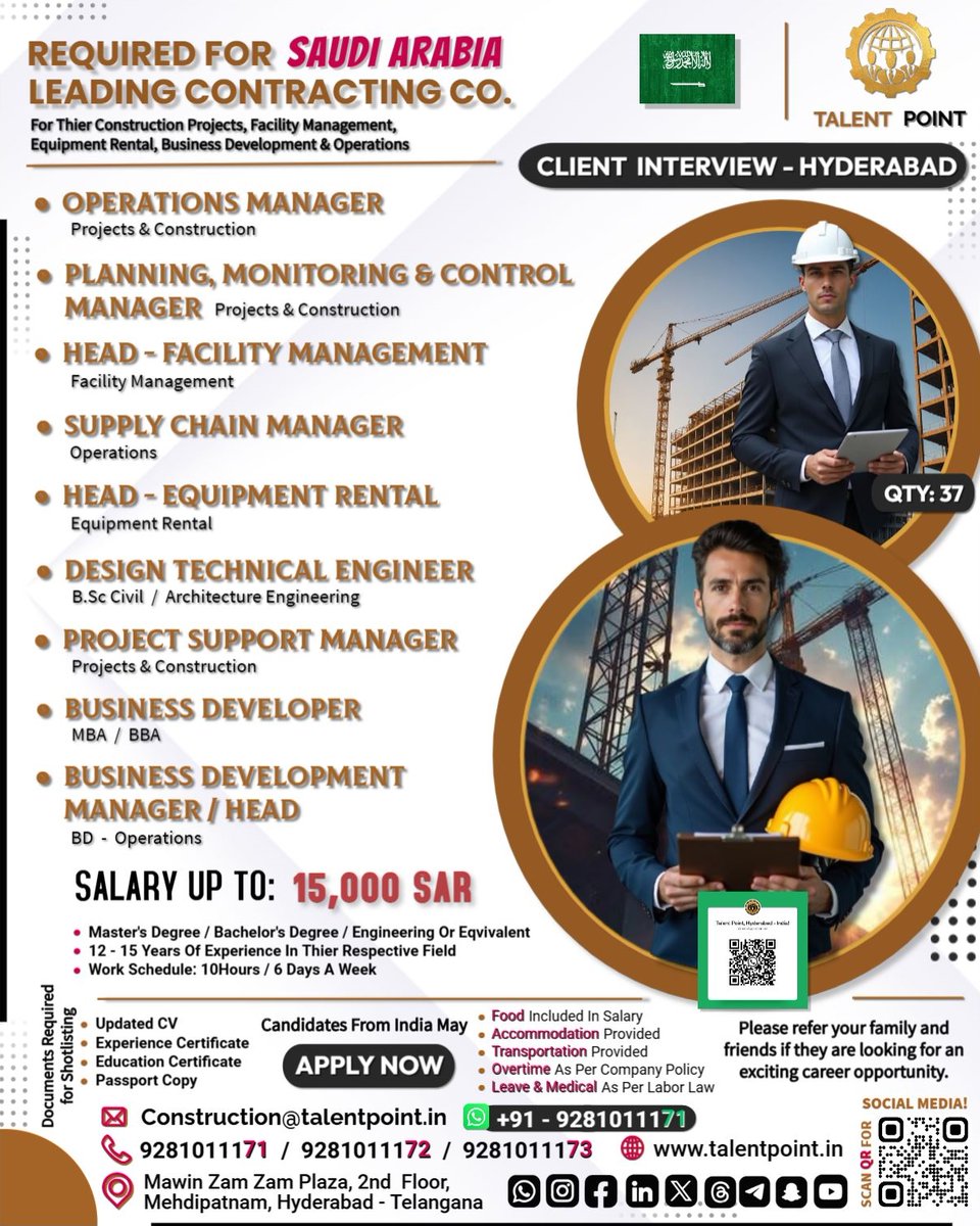 TalentPoint_'s tweet photo. 📢 URGENT HIRING – SAUDI ARABIA 🇸🇦
For Leading Contracting Company 🚀

𝐖𝐇𝐀𝐓𝐒𝐀𝐏𝐏 𝐆𝐑𝐎𝐔𝐏 : https://t.co/3Mm1qozhjZ

𝐖𝐇𝐀𝐓𝐒𝐀𝐏𝐏 𝐂𝐇𝐀𝐍𝐍𝐄𝐋 : https://t.co/sT8LLXhwl8

#OperationsManager #PlanningAndControl #PlanningManager #FacilityManagement #FMJobs https://t.co/UxvbmJfW7I