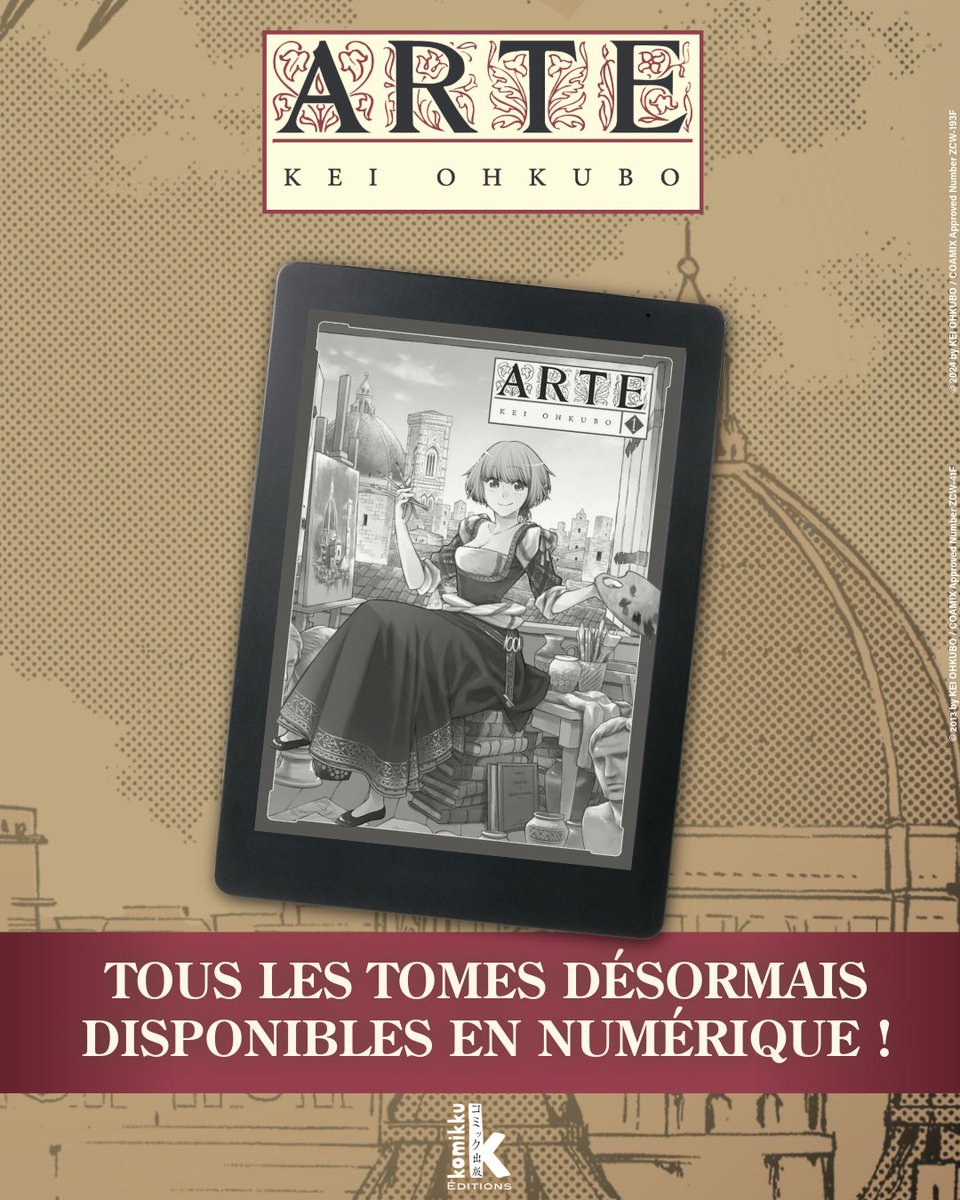 komikku's tweet photo. [FORMAT NUMÉRIQUE] C’est peut-être la série que vous attendiez le plus en e-book… ❤️‍🔥 L’intégralité des tomes d’ “Arte” de Kei Ohkubo sont désormais disponibles au format numérique !  😍📱 https://t.co/zkyBKsJdNm