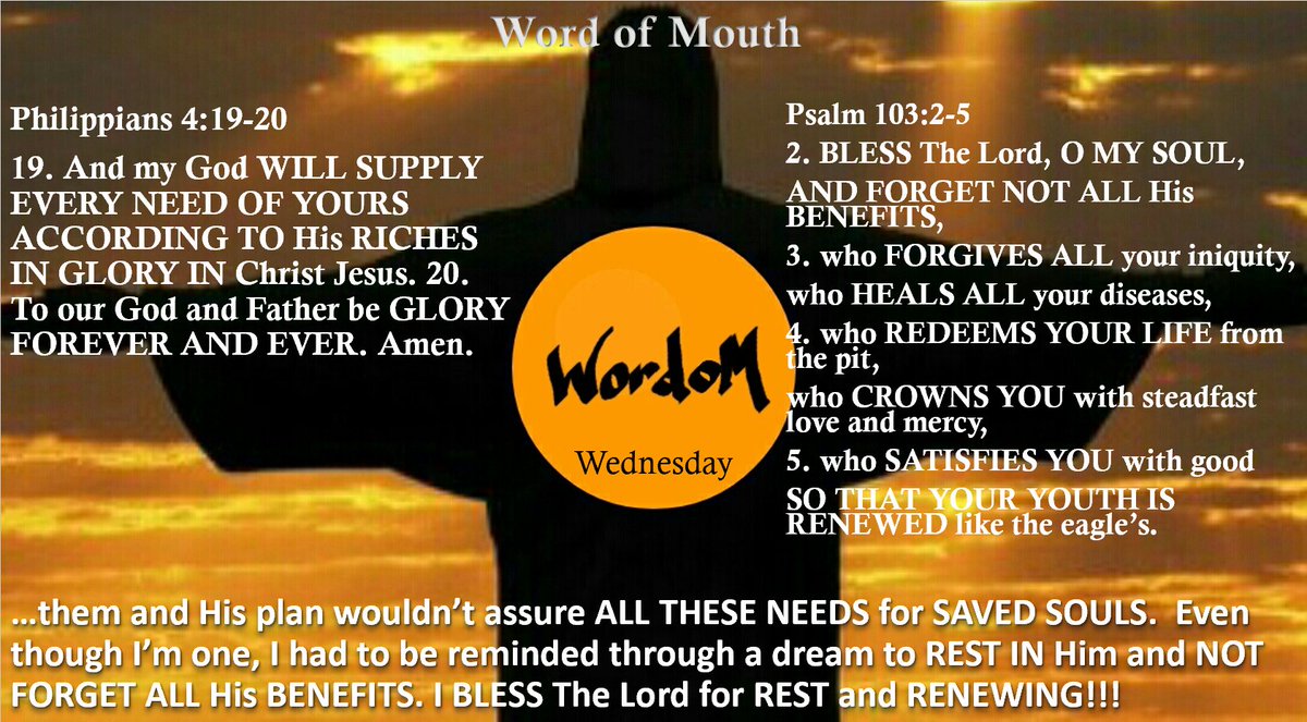 bejackson008's tweet photo. God morning!!!
SOULS don't just NEED SAVING, but also REST, PEACE, provision, and comfort. If this wasn't so, God wouldn't provide...

#GodMorning‌Wednesday https://t.co/8dsylAzMOk