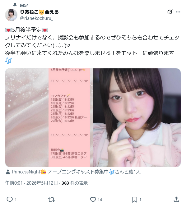 hirokazu_niwa's tweet photo. #りあねこ🐱さん

Xを特に頑張ってます！

りあねこさん🐱
はじめまして、
いいねありがとうございます♡

#PrincessNight👑秋葉原 #コンカフェ https://t.co/yhlIDINtmv