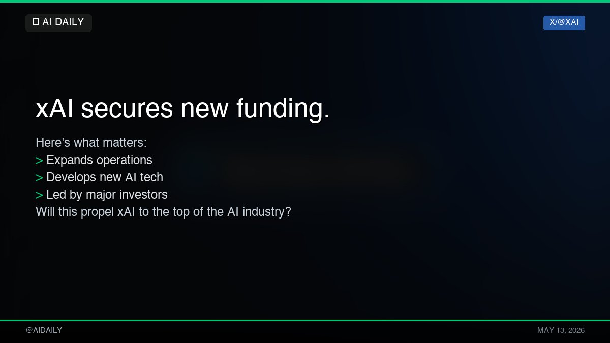 DailyAI_Ins's tweet photo. 🚨 xAI secures new funding.

Here's what matters:
→ Expands operations
→ Develops new AI tech
→ Led by major investors

Will this propel xAI to the top of the AI industry?

#AI #DailyAI https://t.co/qJVBrNhlPL