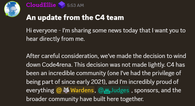 anchabadze's tweet photo. Very sad news.

The closure of @code4rena reflects the current state of the Web3 security industry: almost no public contests, an ongoing crisis, a bear market, widespread use of LLMs by blackhats and daily hacks.

Any industry needs new talent in order to grow and expand. Without public contests, it will become nearly impossible for newcomers to grow professionally and participate in protecting DeFi. This would lead to the degradation of the entire Web3 security industry - and DeFi as a whole - ultimately affecting the speed of adoption and trust in blockchain technology.

Everyone knows how much C4 meant to Web3 security and how many professional auditors grew through public contests. It’s hard to overestimate C4’s contribution to Web3 security.

Thank you for everything, @code4rena