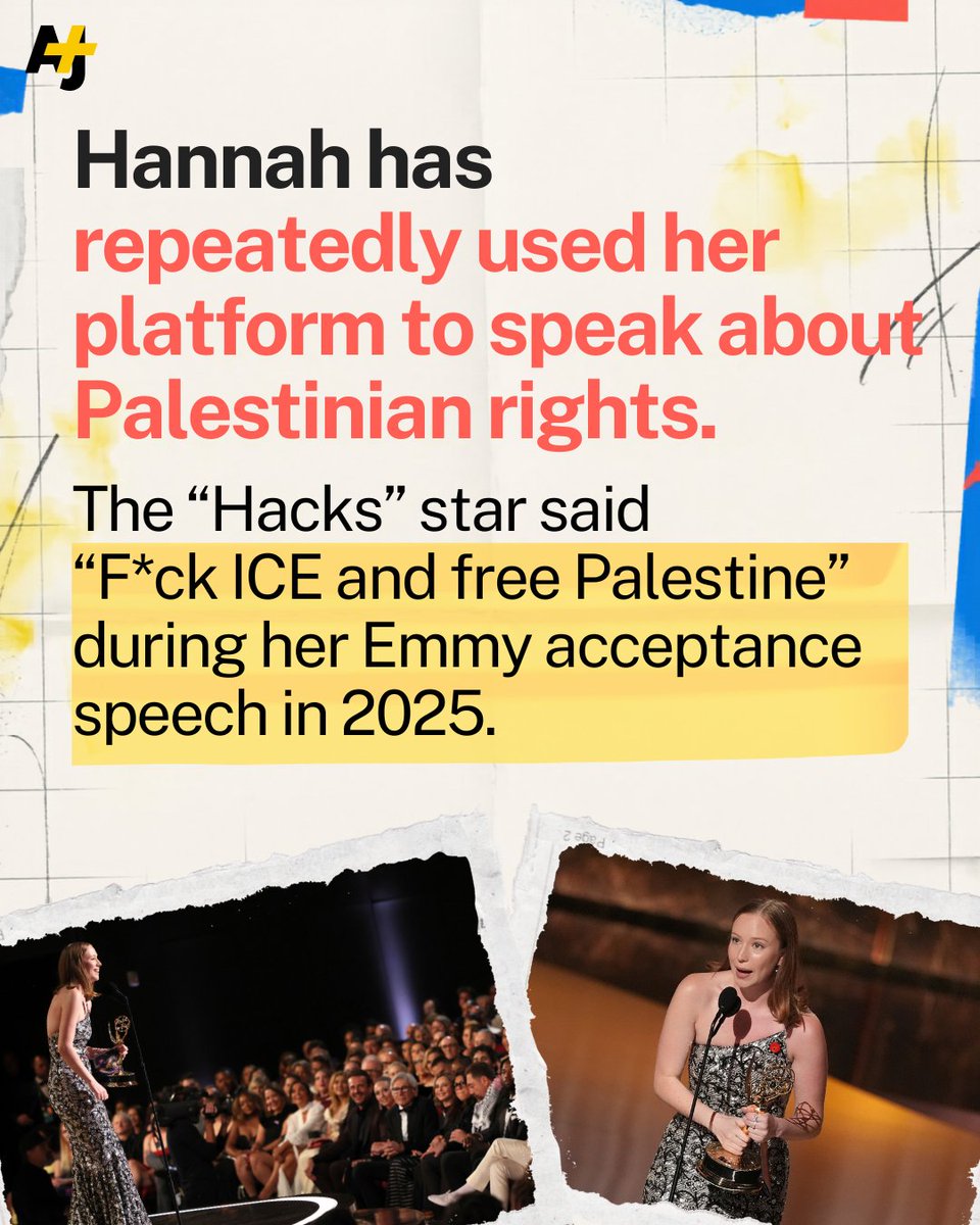 ajplus's tweet photo. Actor and Emmy winner of HBO’s “Hacks” show, Hannah Einbinder  called out Hollywood’s silence on Israel’s genocide on Gaza.

“I’m sitting here with [Algerian-Palestinian activist] Mahmoud [Khalil], who has so much to risk and who has risked so much, who has sacrificed so much… And I look at these people who have absolutely every privilege imaginable to mankind and they cannot utter a single word,” she said during a Zeteo podcast episode.