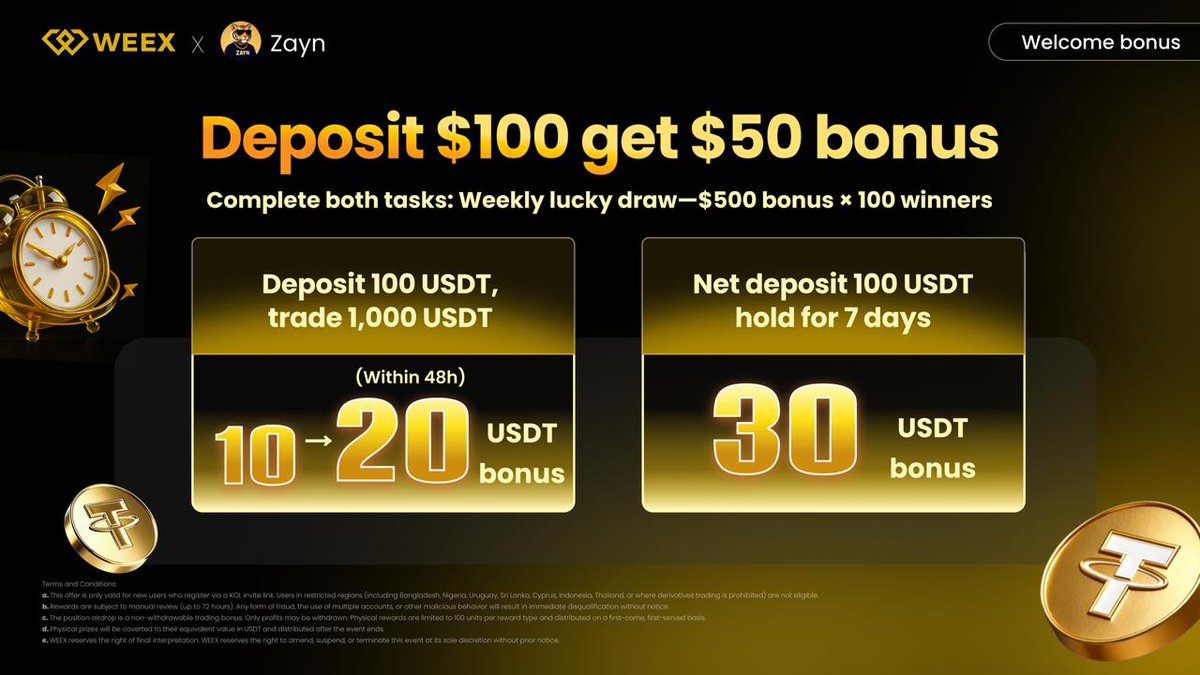 Zaynnode's tweet photo. 🎁 $100 USDT giveaway. One winner. 48H ⌛️

🔁 Repost 
👥 Tag 2 friends 
🆔 Register through my link & drop your WEEX UID
🔗 https://t.co/qpOStiBnw8

A bonus deal for my followers on WEEX too. 
Deposit $100 in, get $50 extra to trade.
Hold for 7 days → you're in the $500 weekly draw, 100 winners pulled every single week.

Easy signup, no KYC.