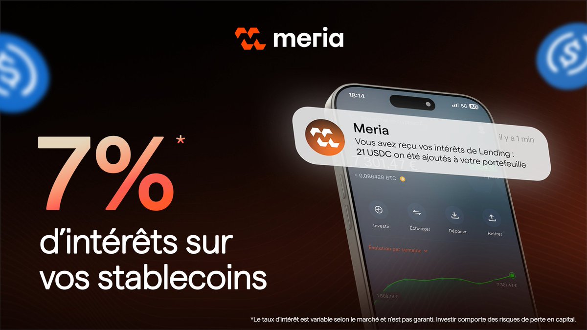 Meria_Finance's tweet photo. Les rendements sur USDC sont de retour sur votre compte Meria 🔵

- Jusqu'à 7%* sur vos USDC
- Fonds disponibles à tout moment (retrait sous 24 h)
- Sans engagement

Retrouvez tous les détails sur le prochain tweet 💬

⚠️ 𝘓𝘦𝘴 𝘳𝘦𝘯𝘥𝘦𝘮𝘦𝘯𝘵𝘴 𝘪𝘴𝘴𝘶𝘴 𝘥𝘶 𝘭𝘦𝘯𝘥𝘪𝘯𝘨 𝘜𝘚𝘋𝘊 𝘯𝘦 𝘴𝘰𝘯𝘵 𝘱𝘢𝘴 𝘧𝘪𝘹𝘦𝘴, 𝘦𝘵 𝘯𝘦 𝘴𝘰𝘯𝘵 𝘱𝘢𝘴 𝘨𝘢𝘳𝘢𝘯𝘵𝘪𝘴 𝘱𝘢𝘳 𝘔𝘦𝘳𝘪𝘢. 𝘓𝘦𝘴 𝘱𝘦𝘳𝘧𝘰𝘳𝘮𝘢𝘯𝘤𝘦𝘴 𝑝𝑎𝑠𝑠𝑒́𝑒𝑠 𝘯𝘦 𝘱𝘳𝘦́𝘫𝘶𝘨𝘦𝘯𝘵 𝘱𝘢𝘴 𝘥𝘦𝘴 𝘱𝘦𝘳𝘧𝘰𝘳𝘮𝘢𝘯𝘤𝘦𝘴 𝘧𝘶𝘵𝘶𝘳𝘦𝘴.