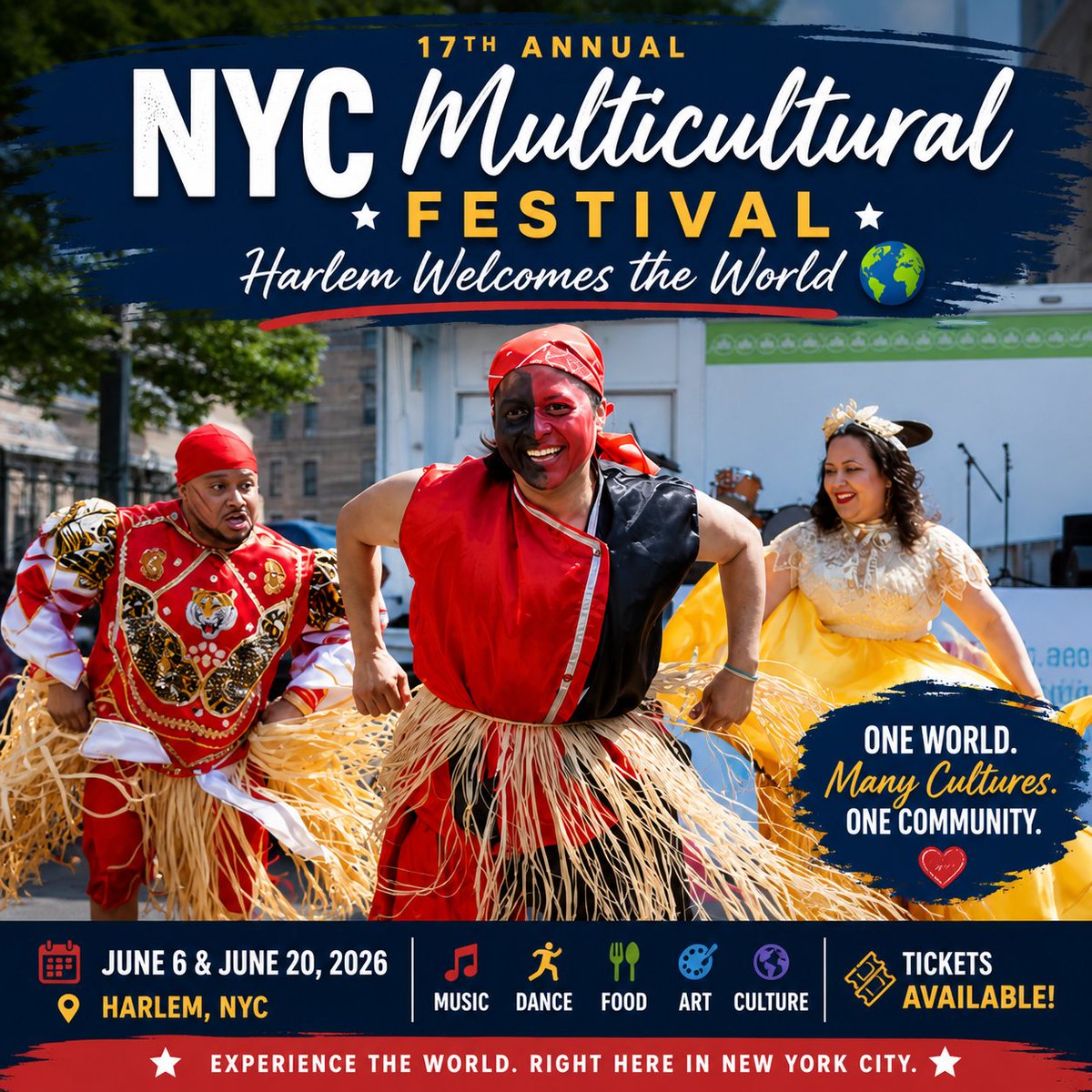 NYCMultiCulFest's tweet photo. HARLEM WELCOMES THE WORLD 🌍
17th Annual NYC Multicultural Festival
Experience music, dance, food &amp; culture from around the world — right in Harlem, NYC. Where communities connect through the arts.

🎟️ Tickets Available Now
📍 June 6 &amp; June 20 #NYCMulticulturalFestival https://t.co/8j4CNzVNIT