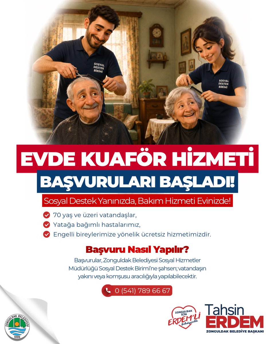 ZonguldakBEL67's tweet photo. Zonguldak Belediyesi olarak sosyal belediyecilik anlayışımızla vatandaşlarımızın yanında olmaya devam ediyoruz.

Evde Kuaför Hizmeti başvurularımız başlamıştır.

70 yaş ve üzeri vatandaşlarımız, yatağa bağımlı hastalarımız ve engelli bireylerimize yönelik ücretsiz bakım hizmetimiz kapsamında evde kuaför hizmetini gerçekleştiriyoruz.

Başvurular; Zonguldak Belediyesi Sosyal Hizmetler Müdürlüğü Sosyal Destek Birimi’ne şahsen, vatandaşımızın yakını veya komşusu aracılığıyla yapılabilecektir.

📞 Başvuru ve bilgi için:0541 789 66 67