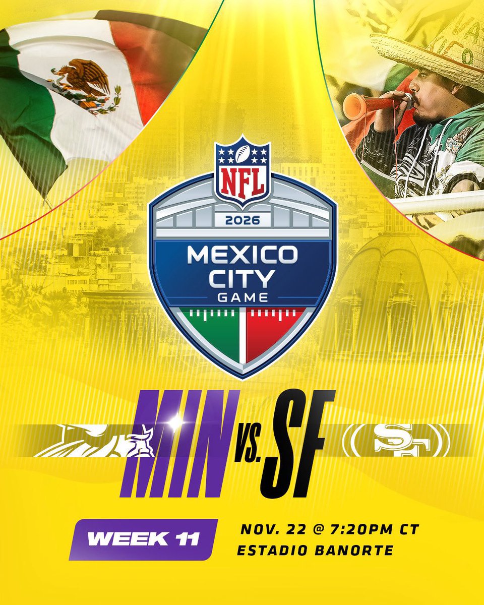 SomosDeportrece's tweet photo. VUELVE LA NFL A MÉXICO 🔥🏈🇲🇽
Minnesota Vikings se enfrentarán a San Francisco 49ers en el Juego de la Ciudad de México. 🙌🏻🏟️
El juego se llevará a cabo en la Semana 11, el domingo 22 de noviembre. 📆
#NFL #NFLMexico #Vikings #49ers https://t.co/fgo3kKPuUW