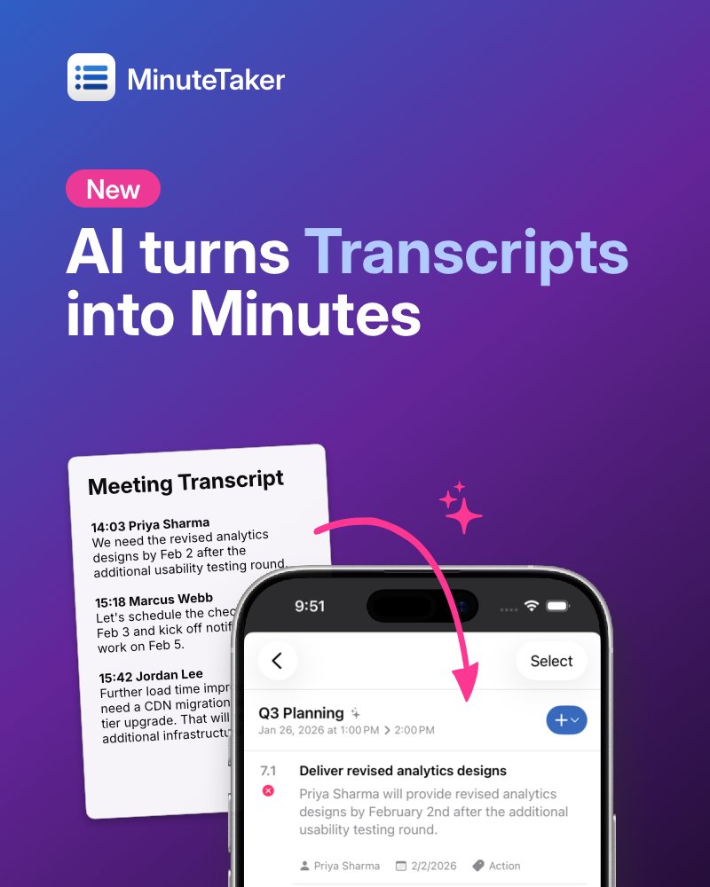 MinuteTakerApp's tweet photo. MinuteTaker 3.13 is here.

New: AI turns meeting transcripts into structured minutes, with action items, owners, and due dates.

Also new: a refreshed Liquid Glass design for a cleaner, more native iOS experience. https://t.co/u6hOpBoMid