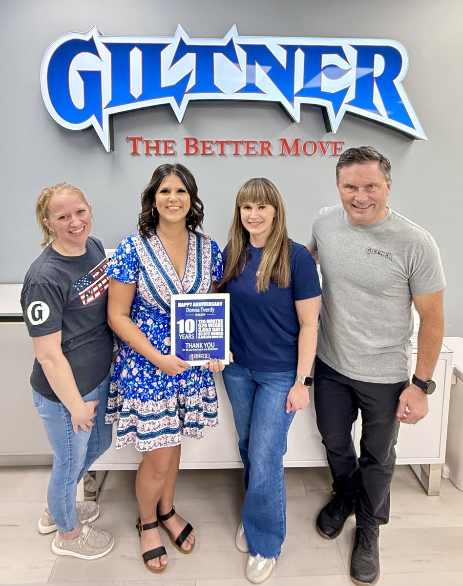 GiltnerLogistic's tweet photo. Congratulations and Happy 10-Year Work Anniversary, Donna! 🎉

It’s hard to believe it’s already been 10 years! We are so lucky to have you on our team and truly appreciate everything you do each day. Your hard work, dedication, and positive attitude make such a difference, and we’re grateful for all you’ve contributed over the years.

Thank you for being such an important part of Giltner. We appreciate you so much and look forward to many more years together. Congratulations on this amazing milestone! 🎊

#GiltnerTeam #WorkFamily #KeepAmericaMoving #Giltner #TheBetterMove