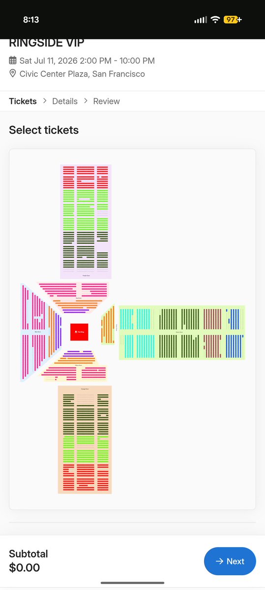 ccugliari's tweet photo. The seat map suggests that a bunch of $2,500 and $3,500 were sold in the last 8 hours... This is the strangest boxing promotion I've ever seen. https://t.co/OAJYWiRFLr