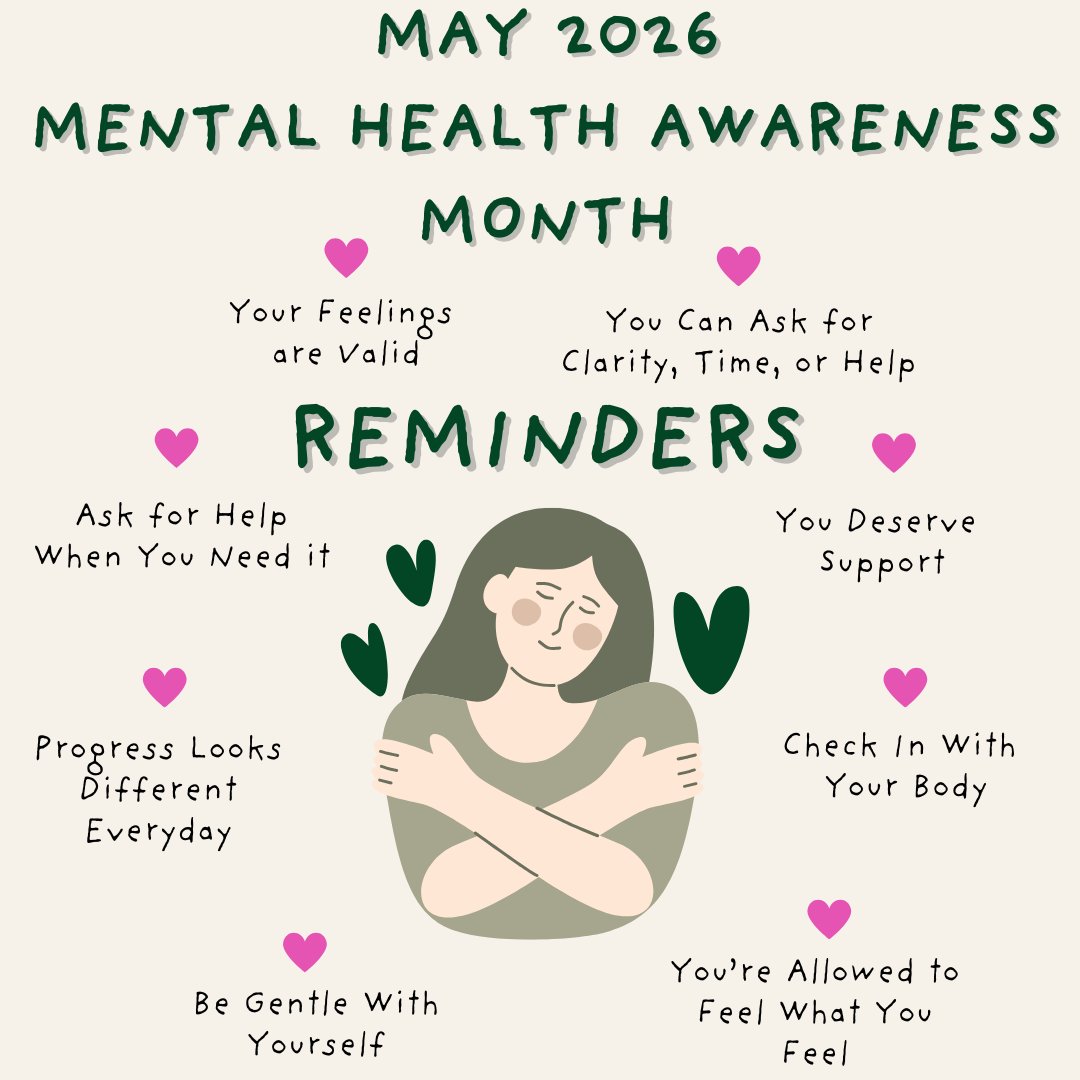 UTEPCASS's tweet photo. Two‑page Mental Health Awareness Month graphic with pastel hand‑drawn style. Page 1 shows affirmations like “Your feelings are valid” and “Be gentle with yourself.” Page 2 lists UTEP resources: CASS, CAPS, and TimelyCare with contact info. https://t.co/lpsFZ9xwRg