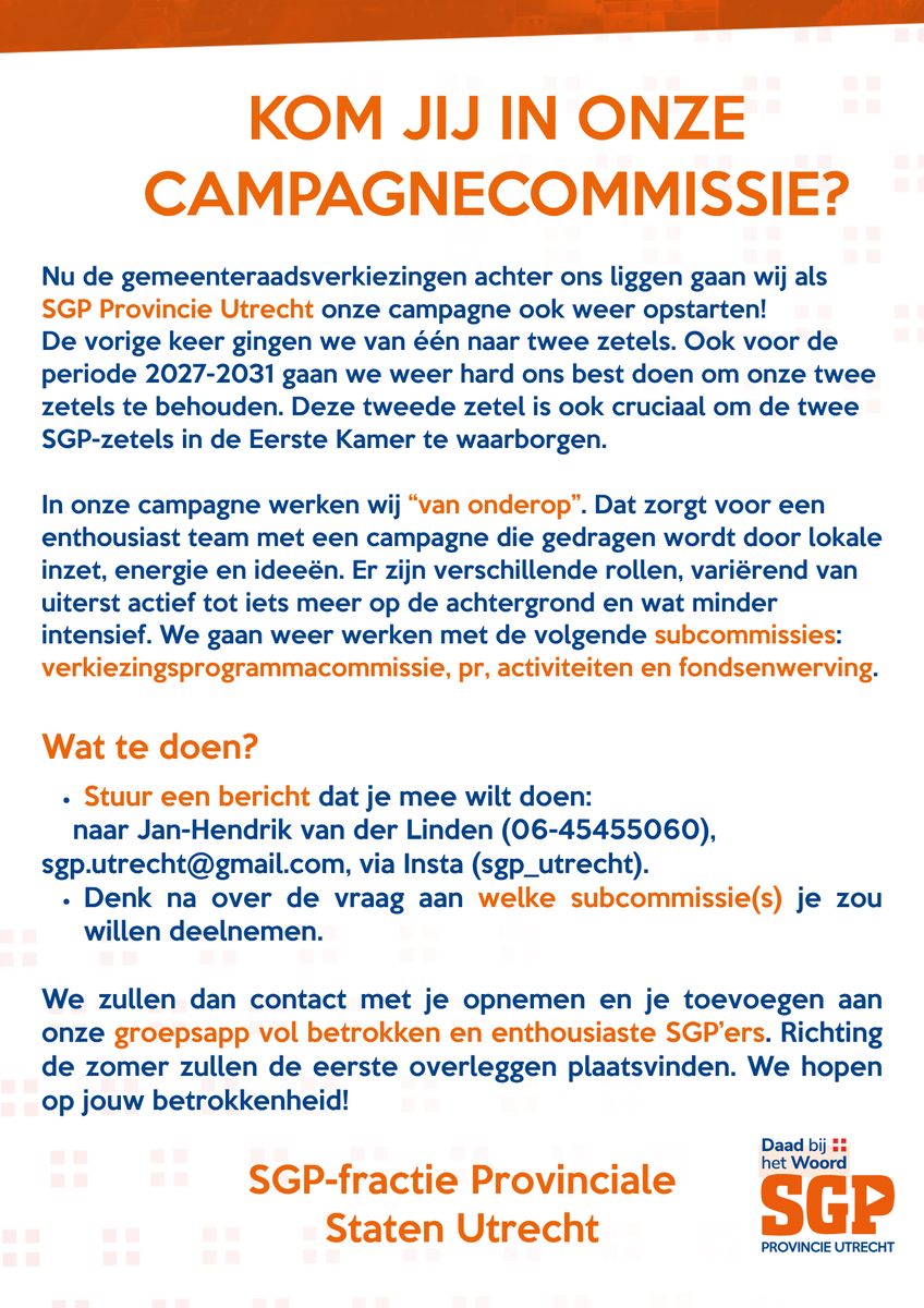 sgputrecht's tweet photo. Draai mee in onze campagne voor de Provinciale Statenverkiezingen!

#ps2027 #verkiezingen #provincialestaten #campagne #utrecht #sgp https://t.co/XQvcKRlJgR