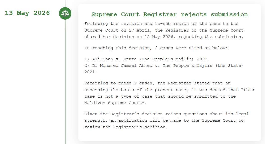 miveshi's tweet photo. 13 May 2026
Funavaa Case - Update
Supreme Court Registrar rejects submission
We observe a pattern where the doors of our courts are getting closed to public interest cases and community concerns.
#DefendVillimaleFunavaa
#SaveFunavaa
#SaveVillingili
https://t.co/X982fygZiO https://t.co/dUkxeLiBaX