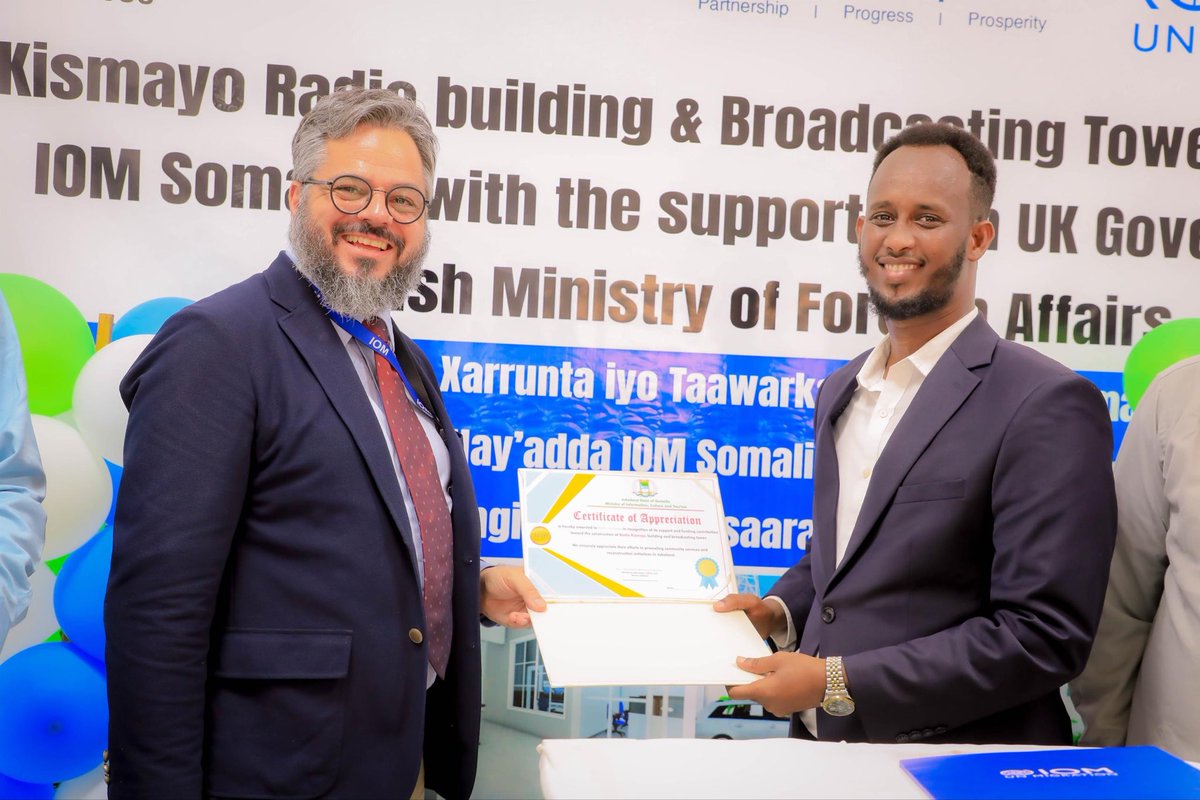 Abdifatahmukta's tweet photo. As the Minister of Information of the Jubaland, I am pleased to inaugurate the new Radio Kismayo building. The station will cover up to 120KM, strengthening public awareness, GOV communication, and media development. I thank @iom_somalia the UK, and Denmark for their support. https://t.co/MRUtWXQpAj