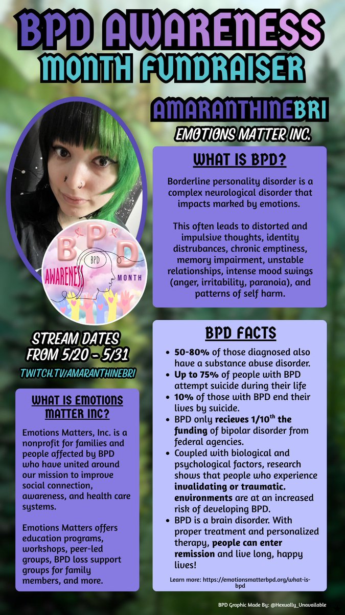 AmaranthineBri's tweet photo. Hallo all,

May is Mental Health Awareness Month and BPD Awareness Month! From May 20th to 31st, I'll be fundraising for Emotions Matter, a nonprofit dedicated to providing people with BPD access to valuable resources and support for healing and recovery. 🖤 https://t.co/YAZyBn9iU3