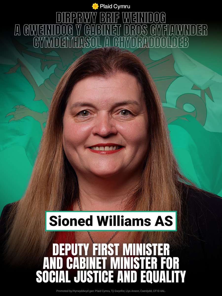 Plaid_Cymru's tweet photo. @RhunapIorwerth Dirprwy Brif Weinidog a Gweinidog Cabinet dros Gyfiawnder Cymdeithasol a Chydraddoldeb 

Deputy First Minister and Cabinet Minister for Social Justice and Equality 

🏴󠁧󠁢󠁷󠁬󠁳󠁿Sioned Williams https://t.co/M79nLspfd8
