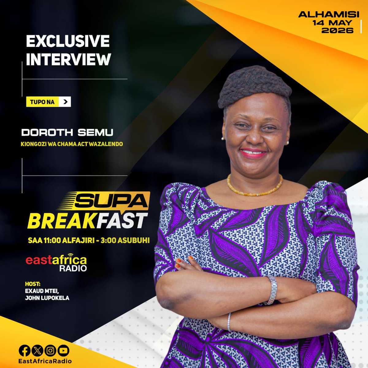 VPACT2025's tweet photo. #SupaBreakFast ya kesho tarehe 14 Mei, 2026 asubuhi kuanzia saa 1:00 asubuhi Kiongozi wa Chama Ndugu, @SemuDorothy  atakuwa mgeni kwenye kipindi hicho. 

Usipange kukosa! https://t.co/yHiBXLb5MP