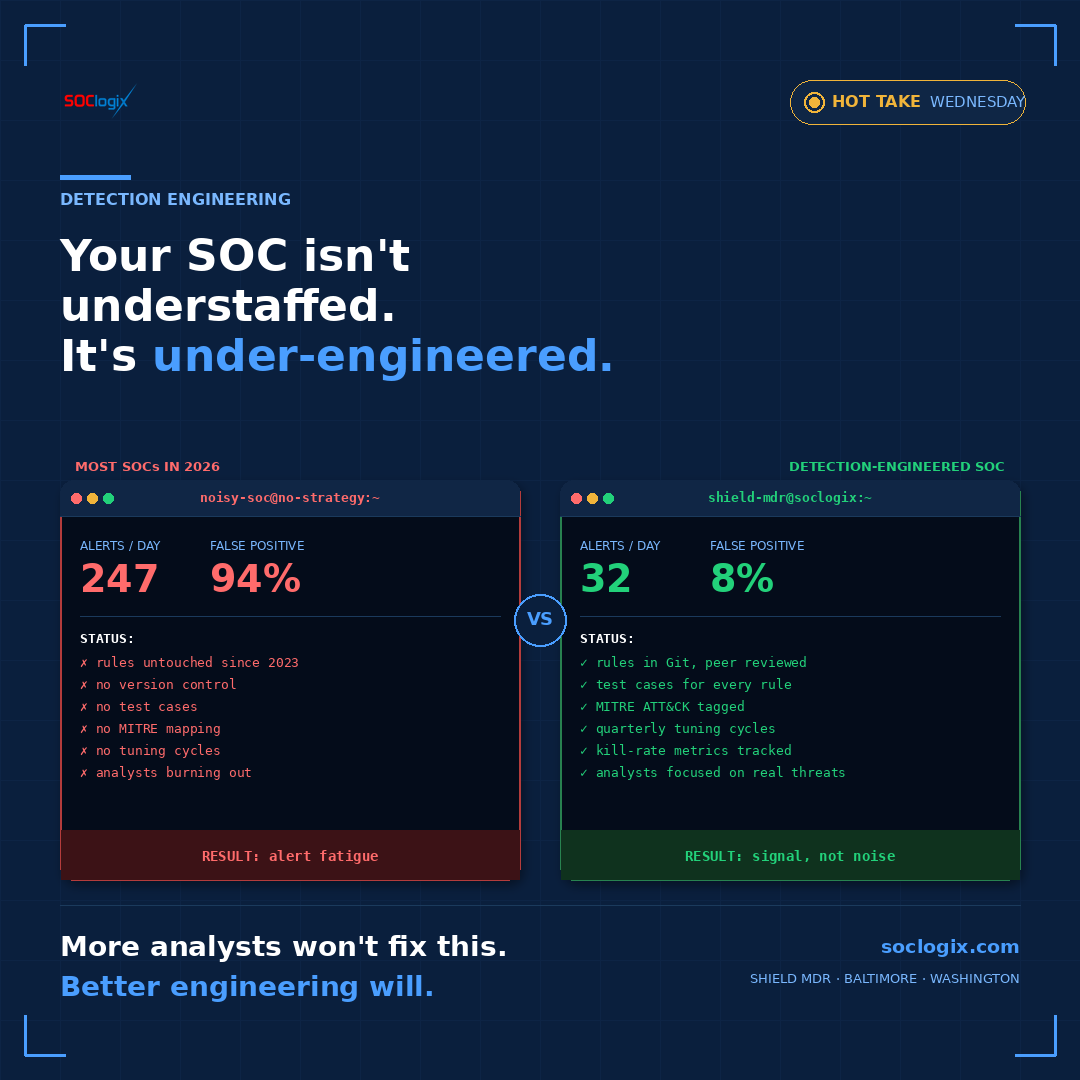 soclogix's tweet photo. Signs your SOC has a detection engineering problem:  
→ Rules untouched since 2023 
→ No version control 
→ No test cases 
→ No MITRE mapping 
→ No tuning cycles 
→ Analysts burning out  

Hiring more people won't fix any of these.

#DetectionEngineering #BlueTeam #SOCAnalyst #MITREATTACK