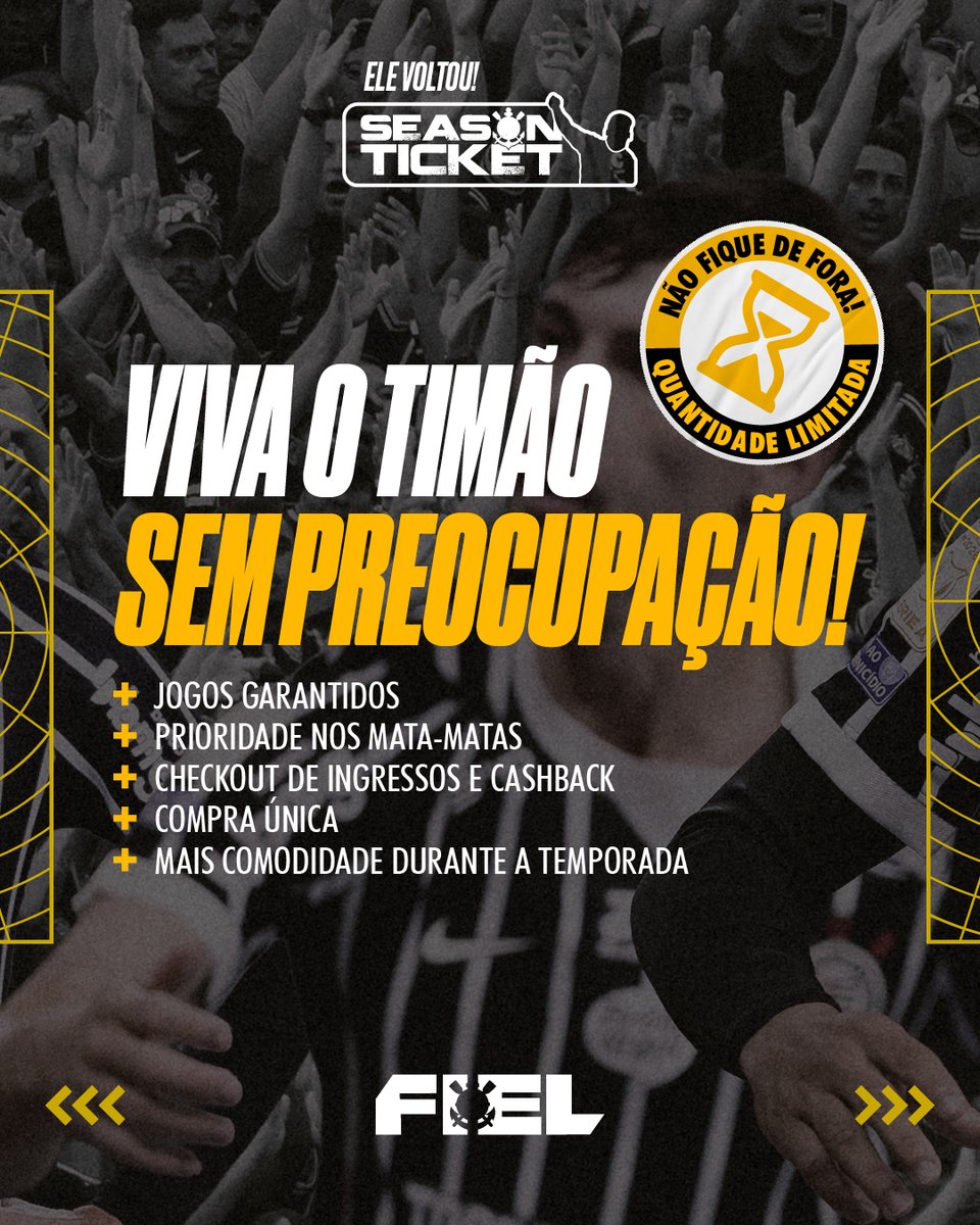 Corinthians's tweet photo. O SEASON TICKET DO FIEL TORCEDOR ESTÁ DE VOLTA! 🎟️

Garanta sua presença na Neo Química Arena em um único pacote e viva o Corinthians de perto até o fim da temporada. ⚫️⚪️

Nesta nova etapa, o Season Ticket contempla:
⚽ 11 jogos do Brasileirão;
🏆 1 jogo da CONMEBOL Libertadores;
⭐ Prioridade 1 na compra de ingressos para jogos de mata-mata.

Além de mais comodidade, você também garante prioridade, praticidade e a experiência de acompanhar o Timão jogo após jogo.

As vagas são limitadas e os setores estão sujeitos à disponibilidade.

Garanta já o seu, saiba mais 👉🏽  https://t.co/Pv5rztZjZz 

#VaiCorinthians
