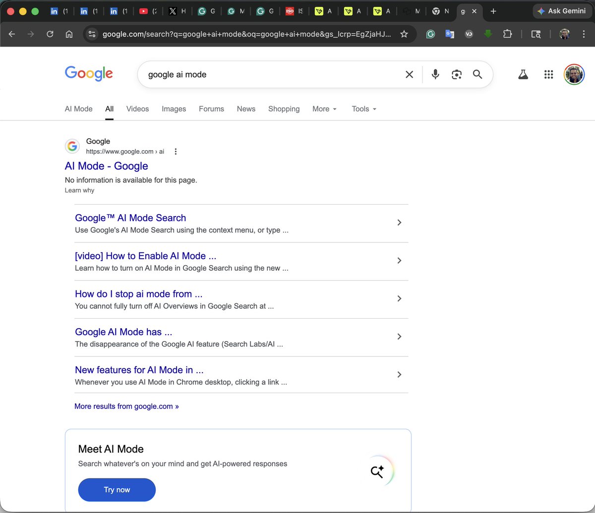 amarb2u's tweet photo. The top search result for '#GoogleAImode' in @googlechrome may not meet users' needs, potentially leading to frustration when Google's own product is hard to find. Google, this is your search engine and your browser. All the products mentioned—except hardware—are Google's.
@Google, see attached screenshots. I used Chrome with Google Search on Apple devices, including iPhones and a MacBook Pro. For every search for 'Google AI mode,' the top result is: 'No information is available for this page.' This could make it more difficult for users to find accurate information about the product.
To improve user experience, Google could display official 'Google AI mode' details at the top of results. This would help users find accurate information quickly and avoid confusion.
You might consider referring to ISO 9241-210: Ergonomics of human-system interaction—Part 210: Human-centred design for interactive systems (https://t.co/pEcHh8iz75) and aligning your approach
#UX #UXFundamentals #UserNeeds #NeedforUXstandards #GlobalUXcompliance #StickingtoBasics #Chrome #AppDevelopment #GoogleAiMode #ProductDevelopment #ProductDesign #Error #Google #Search #GoogleSearchEngine