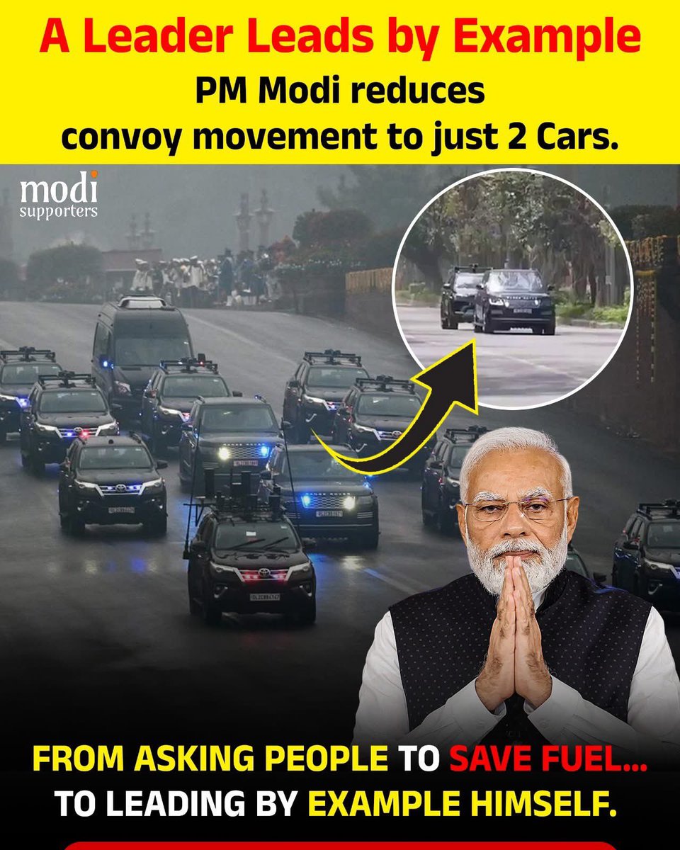 praveen2016's tweet photo. 🚨 Fact‑Checked
Yes, PM Modi has cut his convoy from 12–15 cars down to just two vehicles (Range Rover + Fortuner).
Reason: symbolic austerity to conserve fuel amid the West Asia crisis, while SPG confirms no compromise on security.

#Modi #Convoy #FuelCrisis #India https://t.co/0Rd9He3DxY