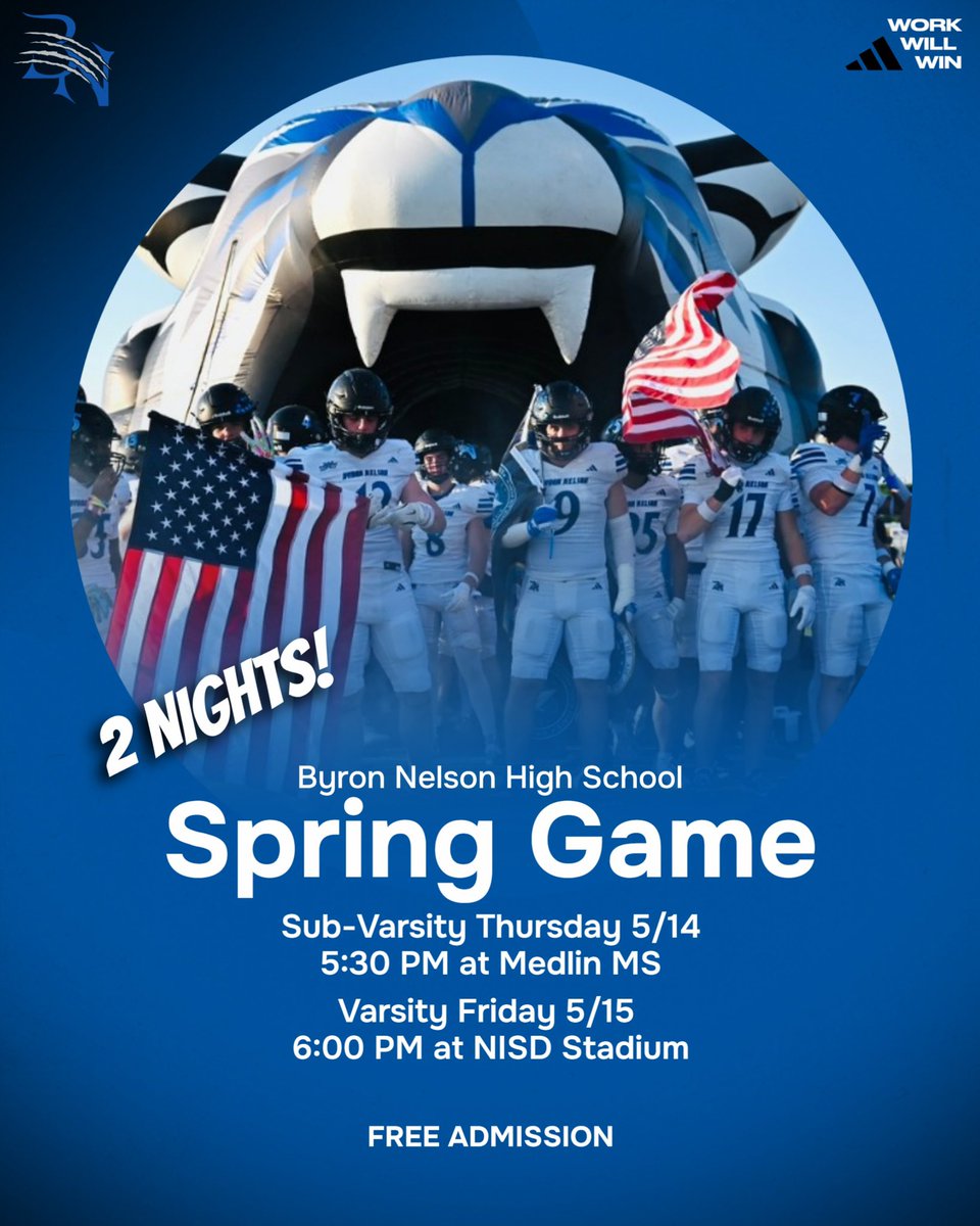 ByronNelsonFB's tweet photo. Spring Game action gets underway tomorrow evening and wraps up Friday night! #wWw https://t.co/vV3c4bSxza