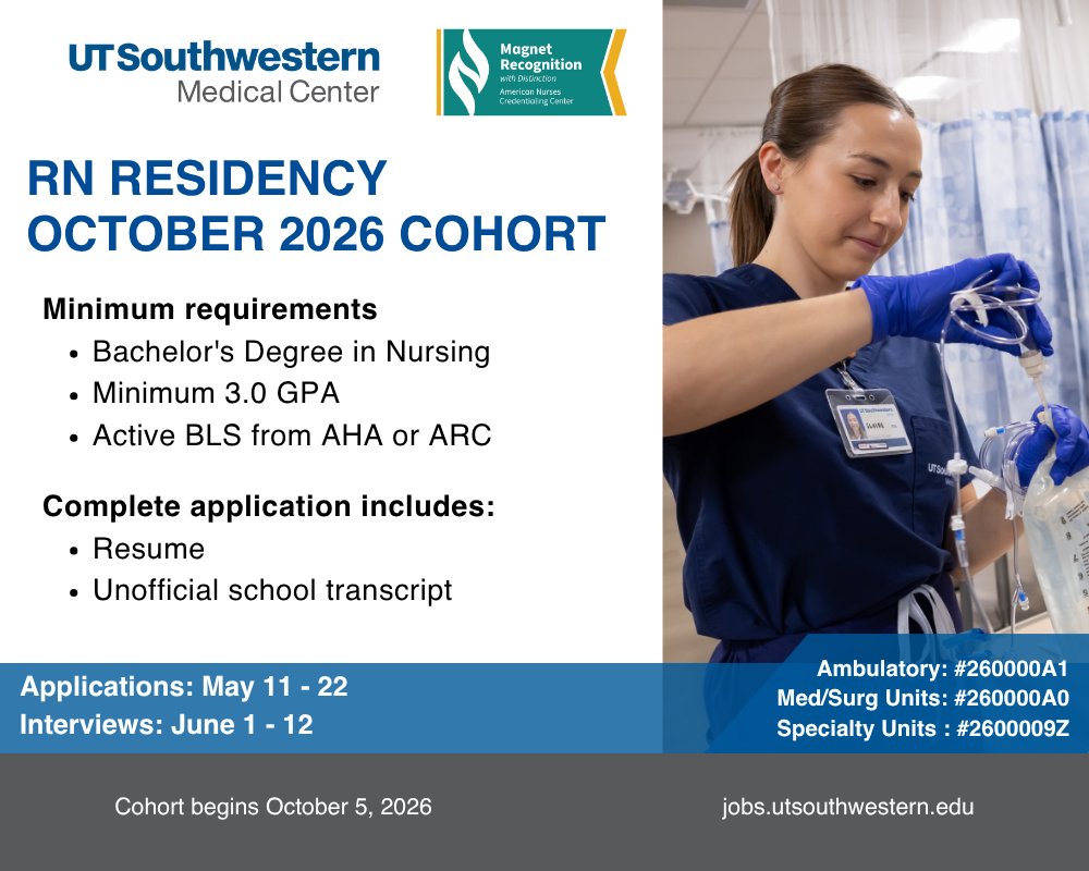 UTSWCareers's tweet photo. We are officially accepting applications for our October 2026 RN Residency.

As the #1 hospital in DFW, our PTAP-Accredited program is designed to bridge the gap between graduation and professional practice.

🔗 Take the first step and apply at https://t.co/kjFPKYWF1U https://t.co/LmJPBk1pNZ